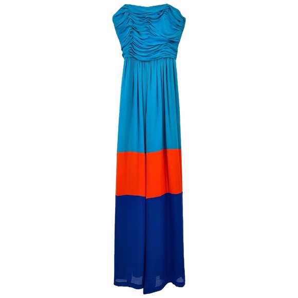 Bill Blass Evening 1970s Vintage Strapless Teal Blue Orange Silk Dress Jumpsuit
